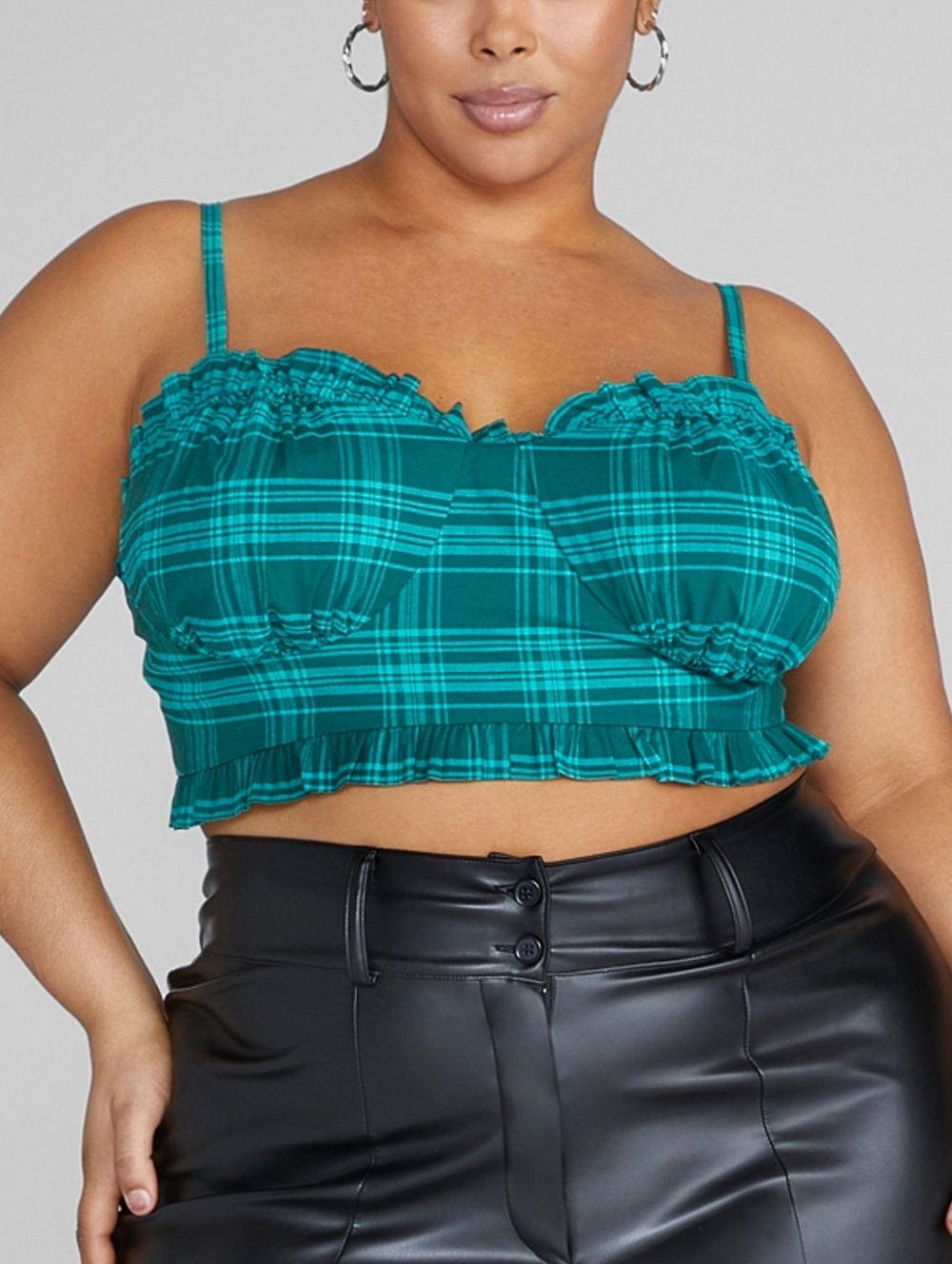 New! Fashion to Figure Tiffani Teal Plaid Ruffle Bustier Cropped Tank Top 1X